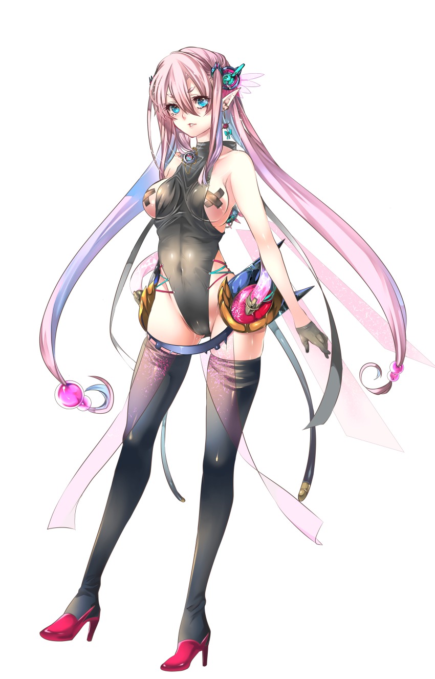 1girl, absurdres, bare_shoulders, black_gloves, black_thighhighs, blue_eyes, breasts, cameltoe