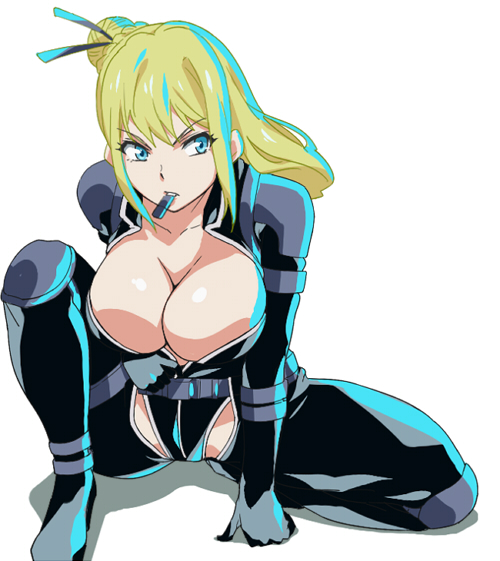 10s, 1girl, belt, blonde_hair, blue_eyes, bodysuit, breasts, cleavage