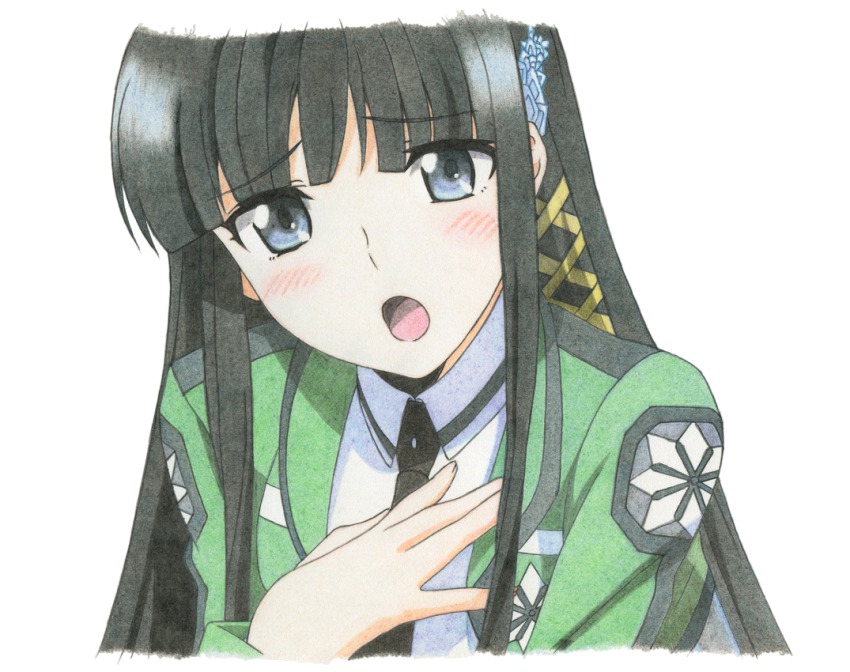 10s, 1girl, anime_coloring, black_hair, blue_eyes, breasts, colored_pencil_(medium), derivative_work