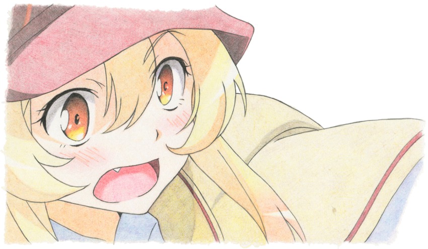 10s, 1girl, anime_coloring, blonde_hair, blush, newsboy_cap, colored_pencil_(medium), derivative_work