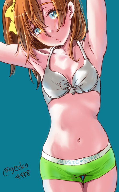 10s, 1girl, aqua_background, armpits, arms_up, blue_eyes, blush, bow
