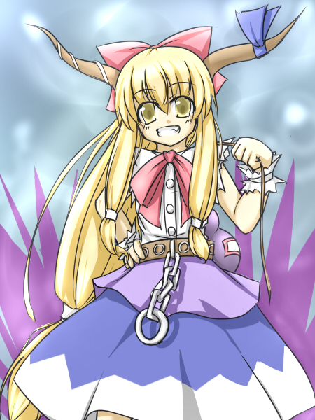 1girl, :d, bad_id, bad_pixiv_id, blonde_hair, blue_skirt, bow, bowtie, chain, female_focus, gourd, grin, hair_bow, horns, ibuki_suika, layered_skirt, looking_at_viewer, nin_(raven28), open_mouth, red_bow, red_bowtie, sk_(artist), skirt, smile, solo, teeth, touhou, wrist_cuffs, yellow_eyes