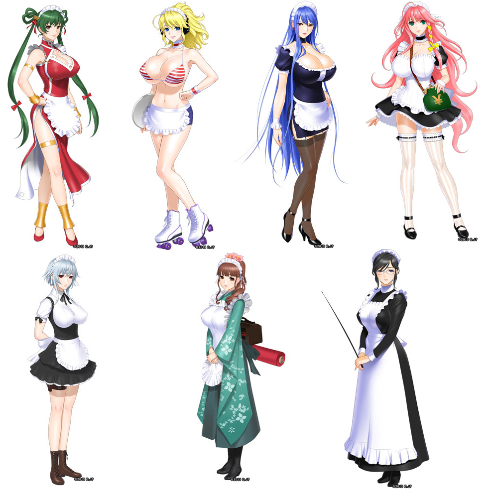 10s, 6+girls, black_hair, blonde_hair, blue_eyes, blue_hair, breasts, brown_hair, game_cg, green_hair, high_heels, huge_breasts, japanese_clothes, large_breasts, long_hair, maid, maid-san_to_boin_damashii, maid_headdress, mixed_maids, multiple_girls, red_eyes, ribbon, roller_skates, sano_toshihide, short_hair, simple_background, skates, skirt, thighhighs, twintails, very_long_hair, wa_maid, waitress