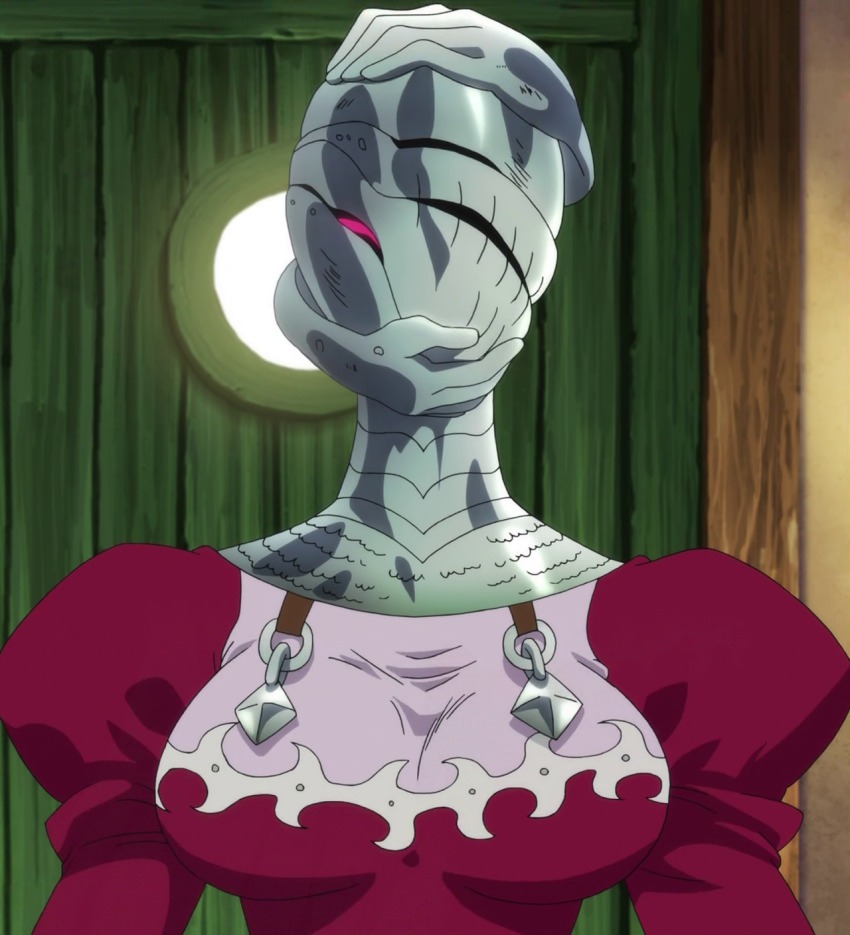 10s, 1girl, anime_screenshot, breasts, dress, female_focus, helmet, highres, nanatsu_no_taizai, puffy_sleeves, red_dress, solo, stitched, third-party_edit, upper_body, vivian_(nanatsu_no_taizai)