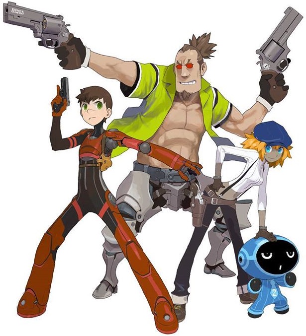 10s, 1girl, 2boys, beck_(red_ash), belt, blonde_hair, blue_eyes, bodysuit, call_(red_ash), comcept, cyborg, dark_skin, facial_hair, gloves, goatee, gofer_(red_ash), green_eyes, green_shirt, grin, gun, handgun, hat, holding, holding_weapon, holster, leaning_forward, long_sleeves, mechanical_arms, mechanical_legs, midriff, multiple_belts, multiple_boys, muscular, official_art, open_clothes, open_shirt, pants, pistol, red-framed_eyewear, red_ash, revolver, robot, scar, shirt, short_hair, simple_background, single_mechanical_arm, smile, sunglasses, suspenders, tyger_(red_ash), weapon, white_shirt