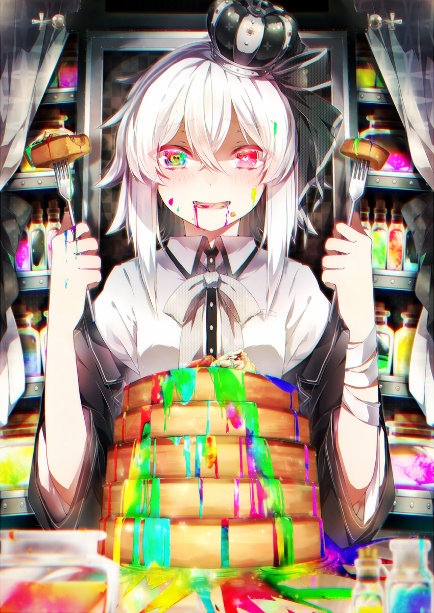 1girl, :d, aka_tonbo_(lililil), bandages, blurry, blush, cake, chromatic_aberration