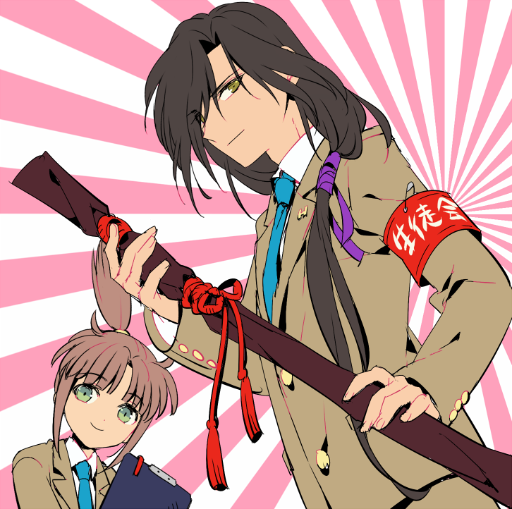 1990s_(style), 2boys, armband, brown_hair, chiriko_(fushigi_yuugi), clipboard, fushigi_yuugi, green_eyes