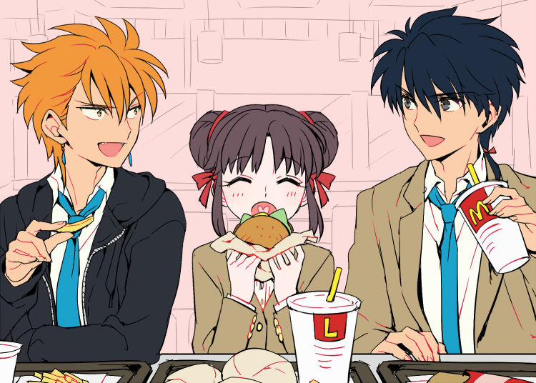 1990s_(style), 1girl, 2boys, black_hair, bow, brown_eyes, brown_hair, burger