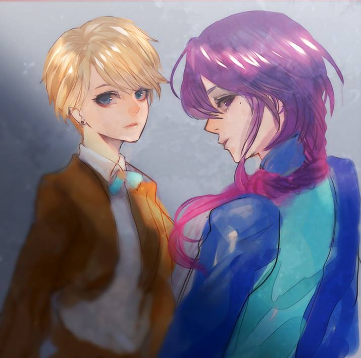 1990s_(style), 1boy, 1girl, bad_id, bad_pixiv_id, blonde_hair, blue_eyes, braid