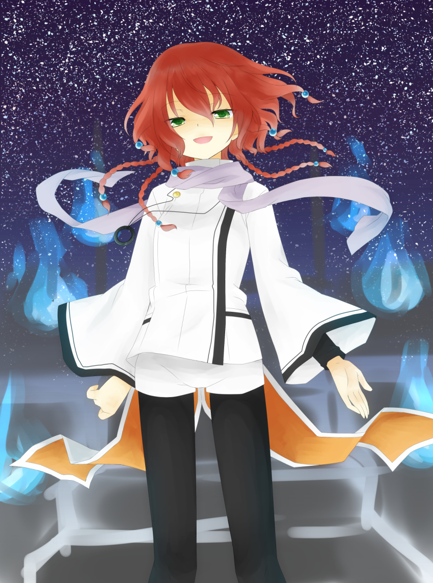 10s, 1girl, braid, coat, fire, gradient_background, green_eyes, hair_ornament