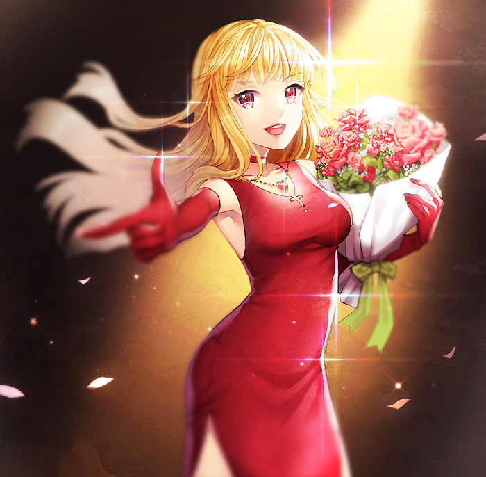 1girl, :d, armpits, bare_shoulders, blonde_hair, blurry, bouquet, bow, breasts, choker, cowboy_shot, cross, cross_necklace, depth_of_field, dress, elbow_gloves, female_focus, finger_gun, floating_hair, flower, gloves, gradient_background, happy, holding, jewelry, long_hair, looking_at_viewer, necklace, open_mouth, outstretched_arm, pendant, petals, red_dress, red_eyes, red_gloves, rose, saban, side_slit, smile, solo, sound_horizon, sparkle, stella_(sound_horizon), very_long_hair