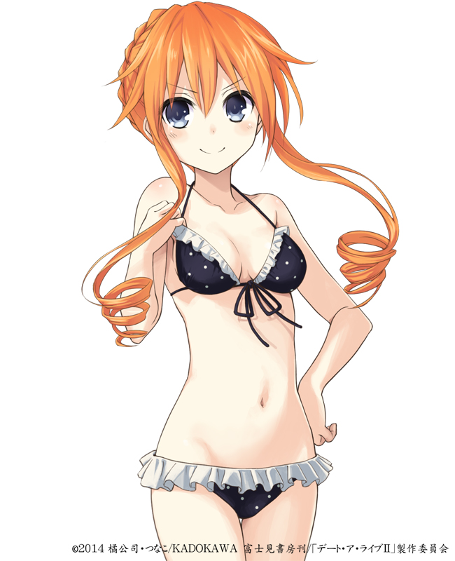 10s, 1girl, bikini, blue_eyes, braid, breasts, cowboy_shot, date_a_live, drill_hair, french_braid, frilled_bikini, frills, front-tie_top, hand_on_own_hip, konoe_(vis9191), long_hair, looking_at_viewer, navel, official_art, orange_hair, sidelocks, smile, swimsuit, thigh_gap, white_background, yamai_kaguya