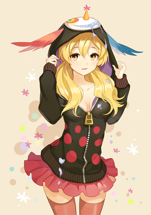 1girl, alternate_hairstyle, apring, bad_id, bad_pixiv_id, blonde_hair, breasts, brown_thighhighs