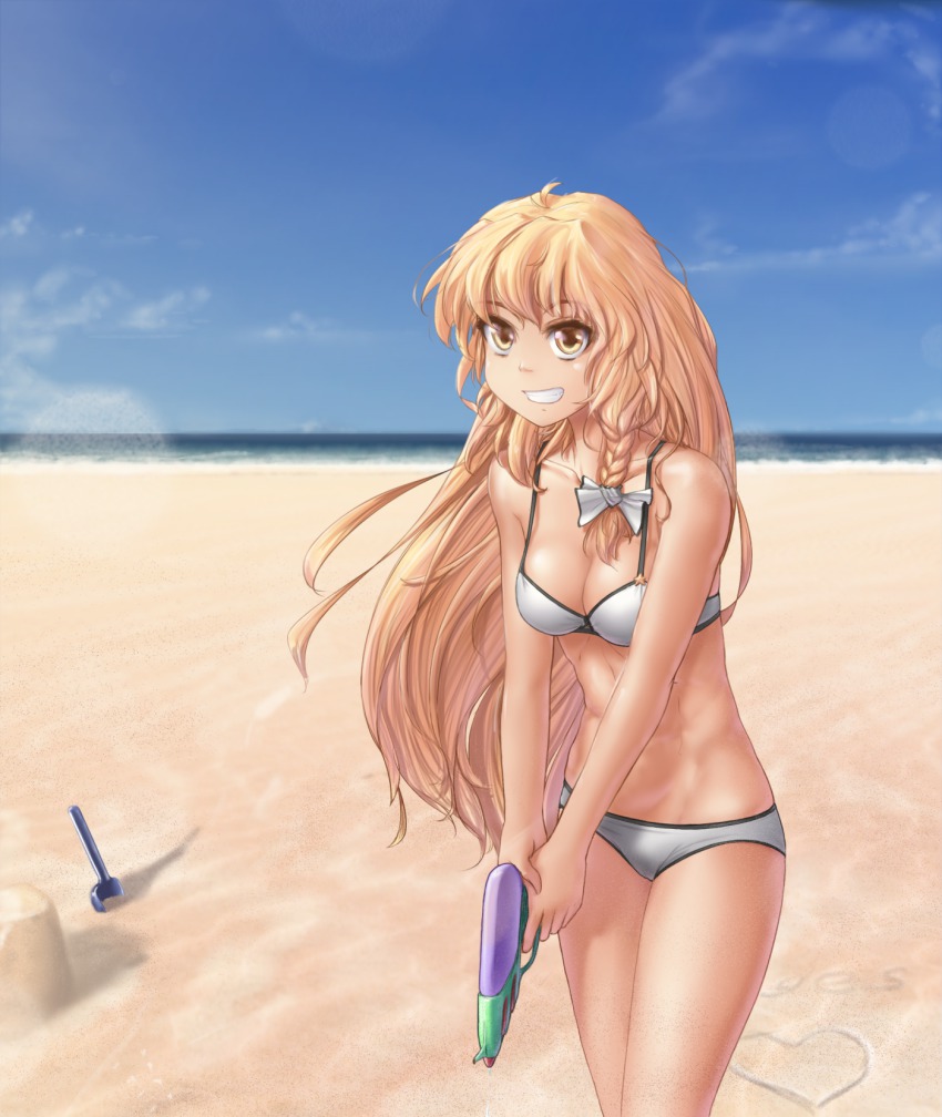 1girl, abs, beach, bikini, blonde_hair, braid, breasts, cleavage