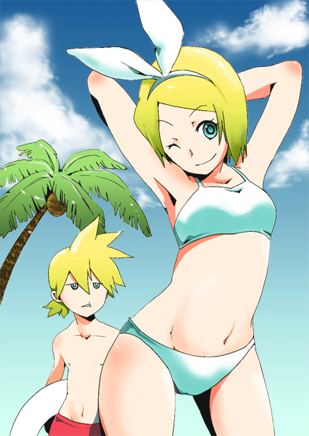 1boy, 1girl, armpits, bad_id, bad_pixiv_id, bikini, brother_and_sister, cheerpai, day, kagamine_len, kagamine_rin, midriff, one_eye_closed, siblings, swimsuit, twins, vocaloid, wink