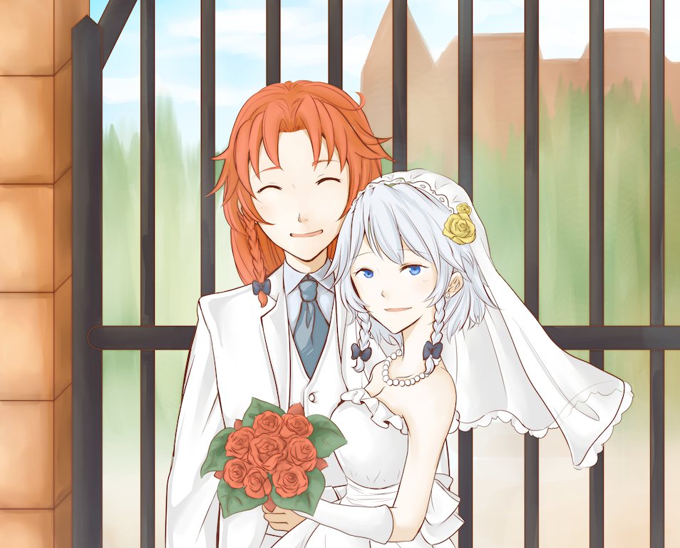 2girls, bad_id, bad_pixiv_id, blue_eyes, bouquet, braid, bridal_veil, crossdressing