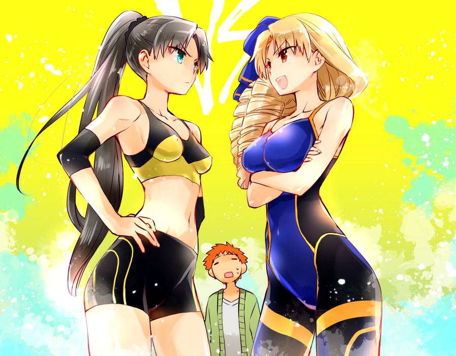>:d, 1boy, 2girls, :d, alternate_hairstyle, bike_shorts, black_hair, blonde_hair, blue_eyes, breasts, collarbone, covered_erect_nipples, covered_navel, crossed_arms, drill_hair, emiya_shirou, fate/hollow_ataraxia, fate/stay_night, fate_(series), gradient_background, hand_on_own_hip, hands_on_own_hips, long_hair, luviagelita_edelfelt, medium_breasts, midriff, multiple_girls, navel, official_alternate_costume, open_mouth, orange_hair, ponytail, red_eyes, small_breasts, smile, spandex, sports_bra, sportswear, sweatdrop, teeth, tohsaka_rin, two-tone_sports_bra, v-shaped_eyebrows, wrestling_outfit, yakan_(kusogaki_teikoku)