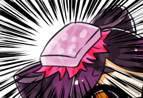 1girl, callie_(splatoon), callie_(squid_sisters_outfit)_(splatoon), emphasis_lines, female_focus, food, food_on_head, hair_rings