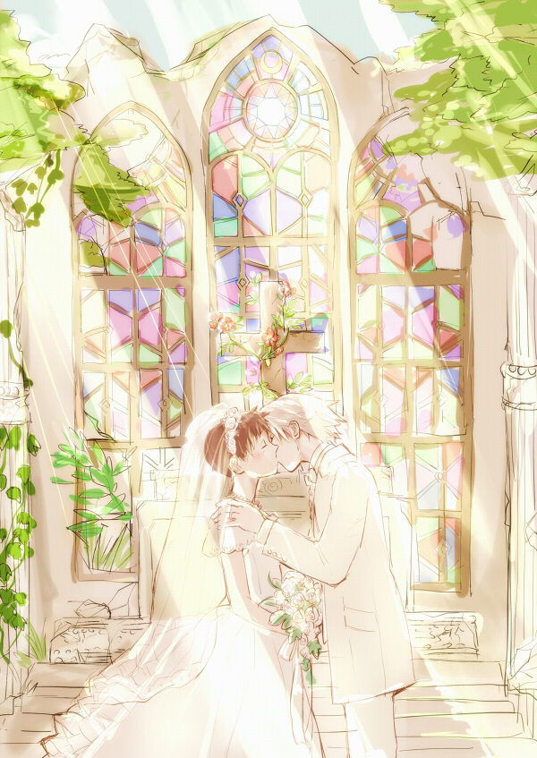 2boys, bouquet, bridal_veil, bride, brown_hair, church, closed_eyes, couple, cross, crossdressing, crossdressing_(mtf), dress, flower, hand_on_shoulder, hezeo_(suz888), ikari_shinji, kiss, male_bride, male_focus, multiple_boys, nagisa_kaworu, neon_genesis_evangelion, silver_hair, tuxedo, veil, wedding, wedding_dress, yaoi