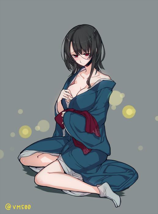 10s, 1girl, black_hair, blush, breasts, cleavage, collarbone, female_focus