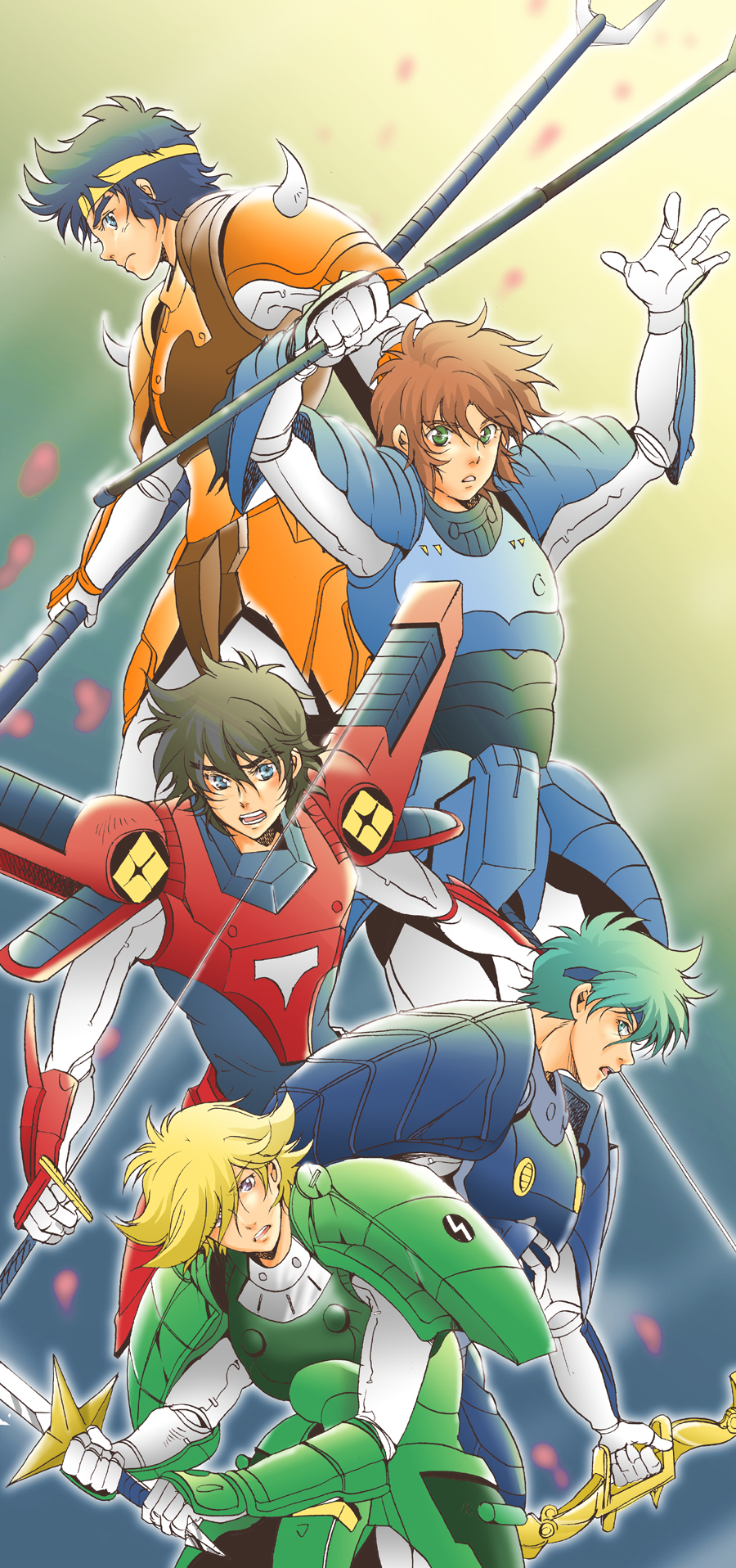 5boys, bad_id, bad_pixiv_id, blonde_hair, blue_eyes, bow_(weapon), date_seiji, dual_wielding, gradient_background, green_eyes, hashiba_touma, headband, highres, hiro_(minorstar), holding, looking_at_viewer, male_focus, mouri_shin, multiple_boys, open_mouth, petals, yoroiden_samurai_troopers, sanada_ryou, short_hair, shue_rei_fuan, sidelocks, sunrise_(company), sword, teeth, weapon