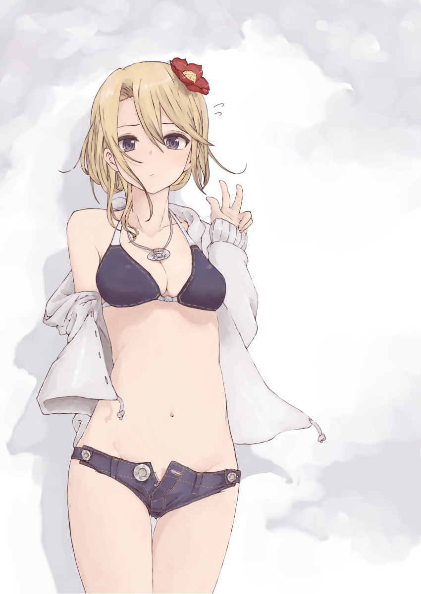 1girl, arm_behind_back, bikini, black_eyes, blonde_hair, breasts, collarbone, cowboy_shot