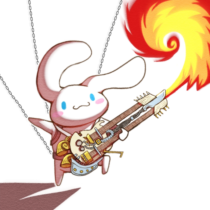 alison_(alison_airlines), blue_eyes, chain, cinnamoroll, electric_guitar, fire, flamethrower, fuwa_fuwa_cinnamoroll