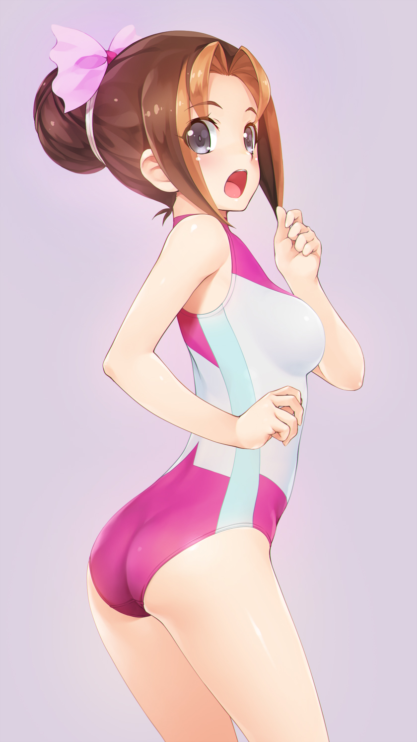 1girl, :o, ass, black_eyes, bow, breasts, brown_hair, cowboy_shot, female_focus, from_side, hair_bow, hair_intakes, hair_ornament, highres, looking_at_viewer, looking_to_the_side, medium_breasts, one-piece_swimsuit, open_mouth, pink_bow, pink_one-piece_swimsuit, sachi_(yu-gi-oh!), short_hair, simple_background, solo, swimsuit, teeth, upper_teeth_only, wacchi, yu-gi-oh!, yu-gi-oh!_zexal, yuu-gi-ou, yuu-gi-ou_zexal