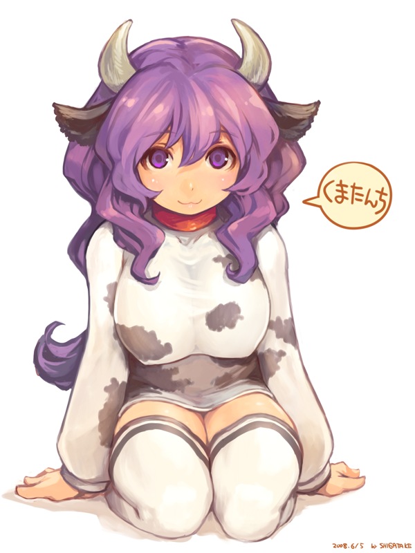 1girl, :3, animal_ears, animal_print, breasts, collar, cow_ears, cow_girl