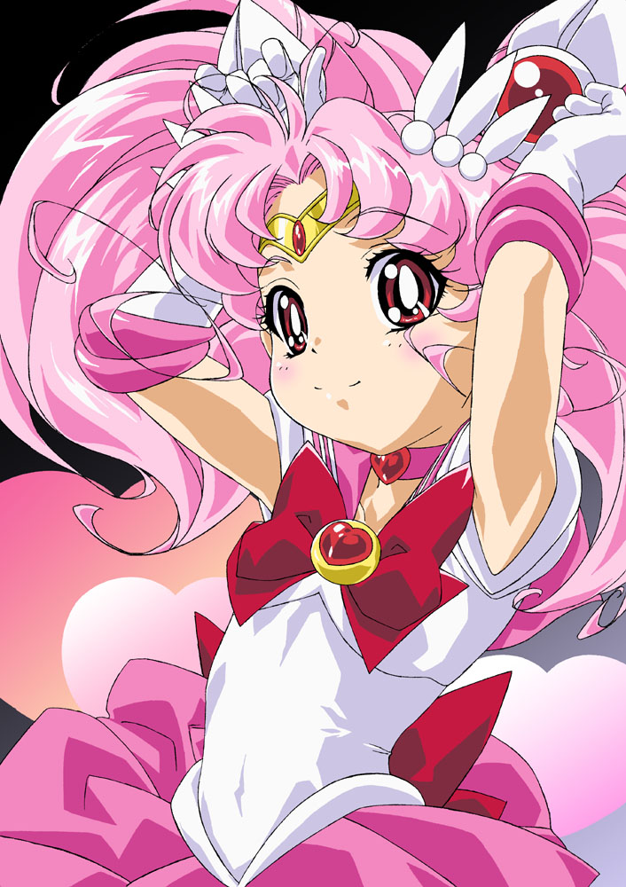 1girl, armpits, arms_up, bishoujo_senshi_sailor_moon, bishoujo_senshi_sailor_moon_s, brooch, chibi_usa, cone_hair_bun, elbow_gloves, female_focus, gloves, gradient_background, hair_bun, heart, heart_brooch, jewelry, long_hair, magical_girl, oku_yukihide, pink_eyes, pink_hair, sailor_chibi_moon, skirt, smile, solo, tiara, twintails