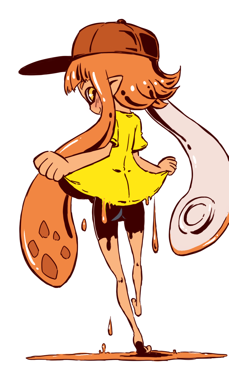 1girl, barefoot, bike_shorts, bodypaint, brown_eyes, brown_hair, clothes_lift, female_focus, from_behind, hat, highres, inkling, inkling_girl, inkling_player_character, long_hair, looking_back, nintendo, painted_clothes, shirt, shirt_lift, shorts, simple_background, smile, solo, sonson_(eleven), splatoon_(series), splatoon_1, t-shirt, tentacle_hair, walking