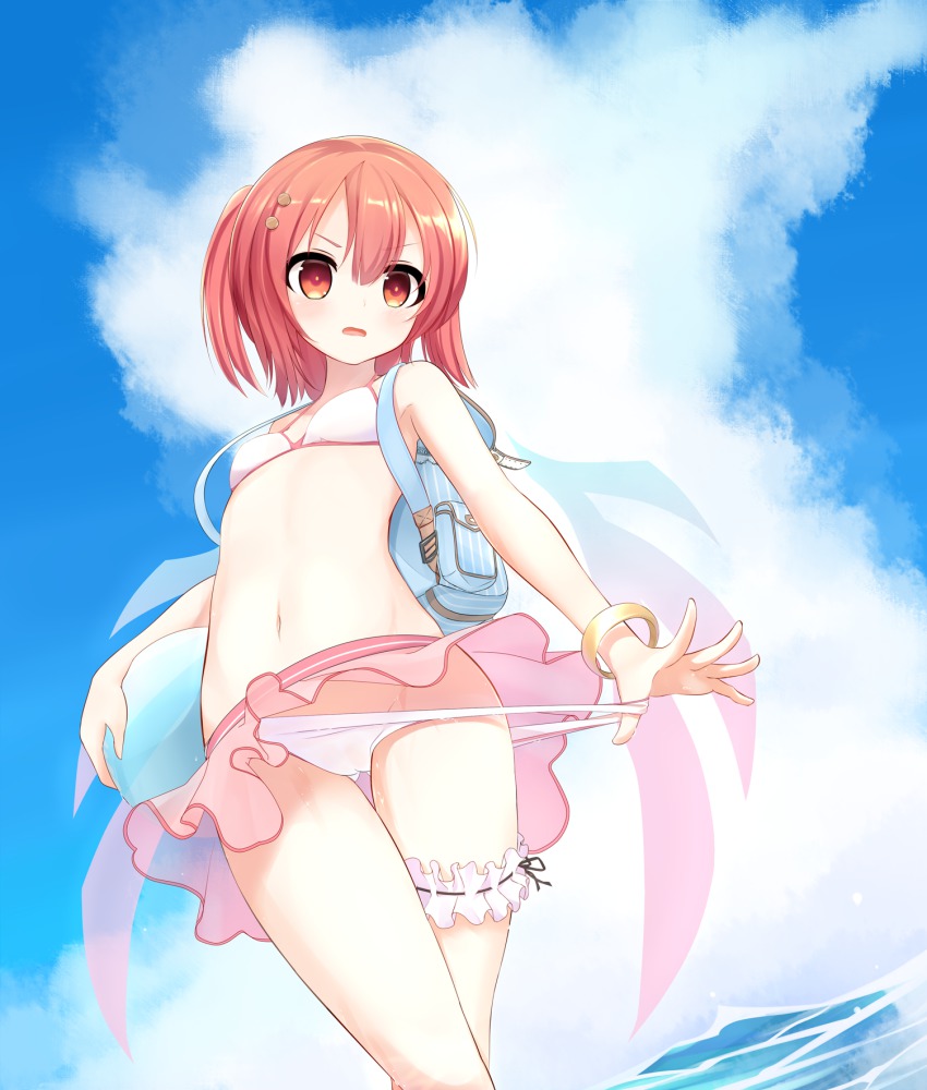 1girl, bag, ball, bare_arms, beachball, bikini, bracelet, cloud