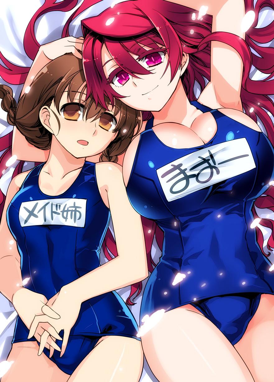 10s, 2girls, blue_one-piece_swimsuit, braid, breasts, brown_eyes, brown_hair, cleavage, gradient_background, hand_on_another's_head, head_hug, highres, huge_breasts, ishida_akira, long_hair, lying, maid_ane_(maoyuu), maou_(maoyuu), maoyuu_maou_yuusha, multiple_girls, official_art, old_school_swimsuit, on_back, one-piece_swimsuit, promotional_art, purple_eyes, red_hair, school_swimsuit, small_breasts, smile, swimsuit, twin_braids