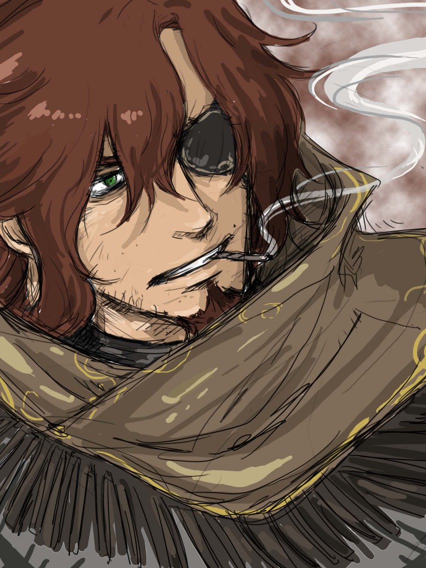 00s, 1boy, absurdres, ali_al-saachez, bad_id, bad_pixiv_id, brown_hair, chakki, cigarette, eyepatch, gradient_background, green_eyes, gundam, gundam_00, highres, male_focus, smoking, solo, tyakki