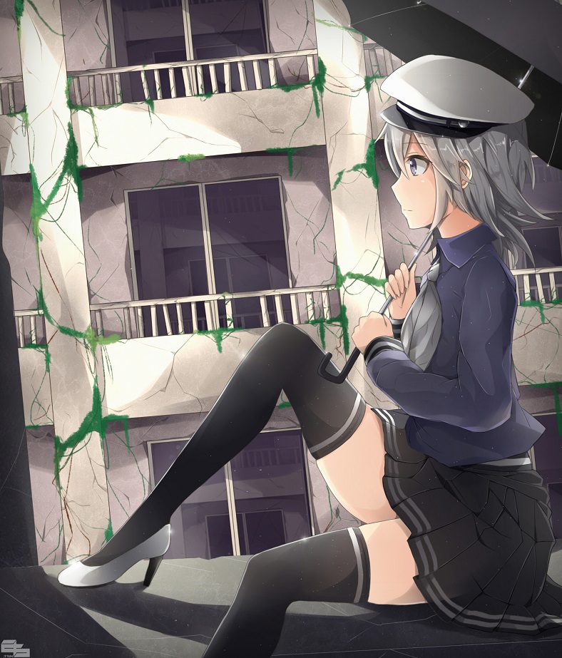 1girl, ama_no_jaku_(vocaloid), ascot, black_thighhighs, building, female_focus, gumi, hat