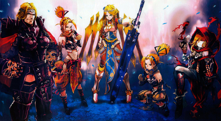 5girls, armor, blonde_hair, bodystocking, evileye_(overlord), fishnet_bodystocking, fishnets, gagaran, gradient_background, highres, hood, lakyus_alvein_dale_aindra, mask, multiple_girls, ninja, non-web_source, official_art, overlord_(maruyama), scarf, siblings, sisters, so-bin, sword, tia_(overlord), tina_(overlord), twins, unworn_mask, vampire, weapon