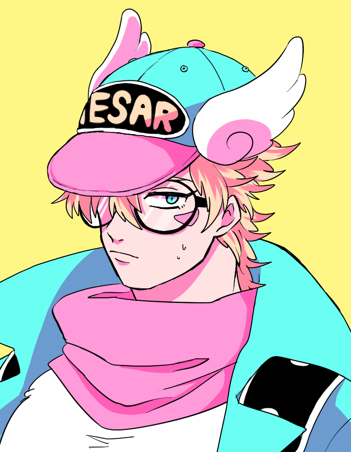 1boy, bad_id, bad_pixiv_id, baseball_cap, blonde_hair, caesar_anthonio_zeppeli, dr._slump, facial_mark, hat, head_wings, jojo_no_kimyou_na_bouken, jukuta_tsu, male_focus, norimaki_arale, parody, simple_background, solo, winged_hat, wings
