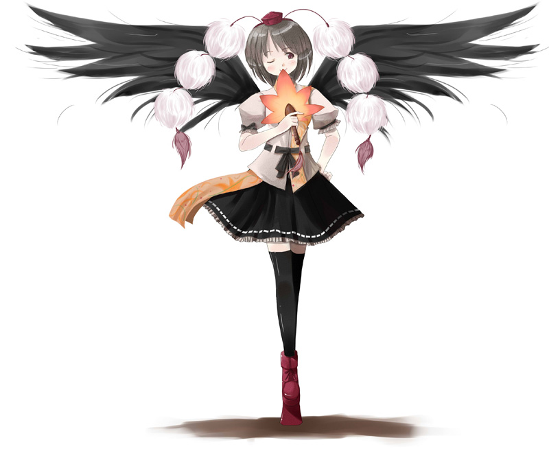 1girl, black_hair, black_wings, covering_own_mouth, female_focus, fujikawa_sakuya, geta, hand_fan