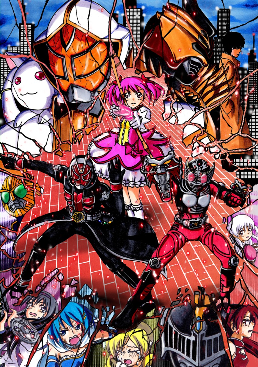 10s, akemi_homura, akemi_homura_(magical_girl), crossover, highres, kamen_rider, kamen_rider_beast, kamen_rider_knight, kamen_rider_odin, kamen_rider_ryuki, kamen_rider_ryuki_(series), kamen_rider_wizard, kamen_rider_wizard_(series), kaname_madoka, kaname_madoka_(magical_girl), kanzaki_shiro, kyubey, mahou_shoujo_madoka_magica, mahou_shoujo_madoka_magica:_hangyaku_no_monogatari, miki_sayaka, miki_sayaka_(magical_girl), momoe_nagisa, multiple_boys, multiple_girls, sakura_kyoko, sakura_kyoko_(magical_girl), tatsumi_kei_(t_k), the_white_wizard, tomoe_mami, tomoe_mami_(magical_girl), traditional_media, weapon