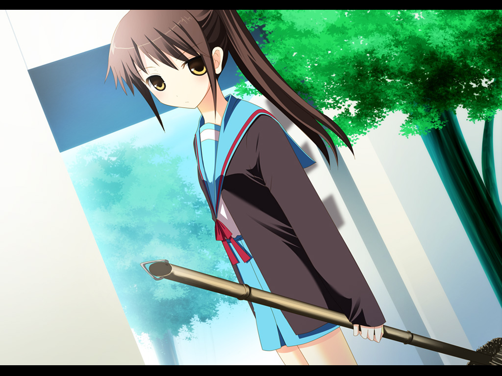 00s, 1girl, broom, brown_hair, cardigan, female_focus, genderswap, genderswap_(mtf)