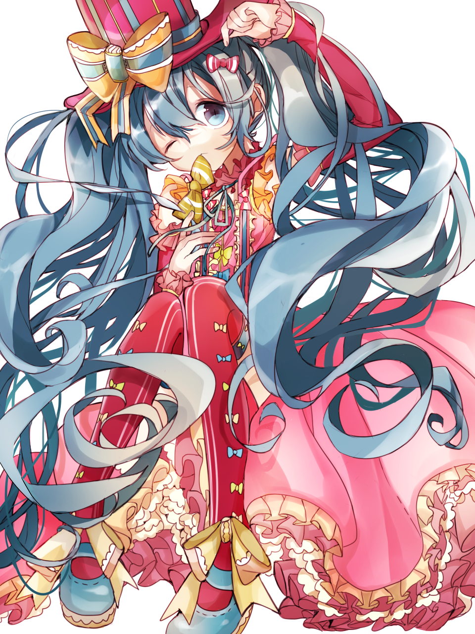 1girl, aqua_eyes, aqua_hair, arm_up, bad_id, bad_pixiv_id, bow, detached_sleeves