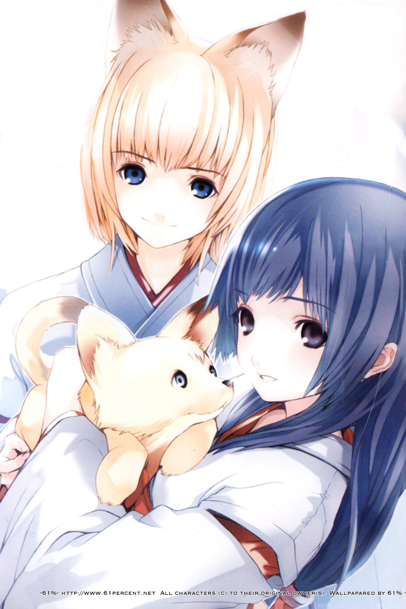 00s, 2girls, animal_ears, blonde_hair, blue_eyes, blue_hair, fox, fox_ears, highres, houden_eizou, japanese_clothes, kou_(wagaya), kou_(wagaya_no_oinari-sama), long_hair, miko, multiple_girls, purple_eyes, tenko_kuugen, wagaya_no_oinari-sama