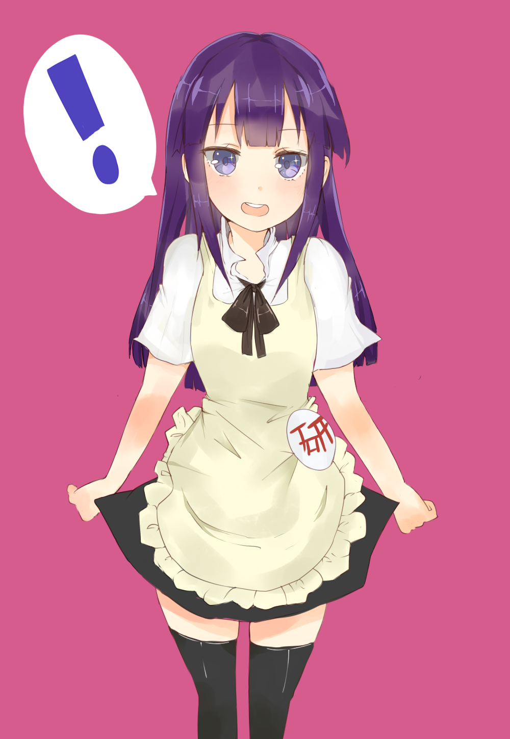 !, 1girl, apron, black_thighhighs, blunt_bangs, blush, female_focus, highres