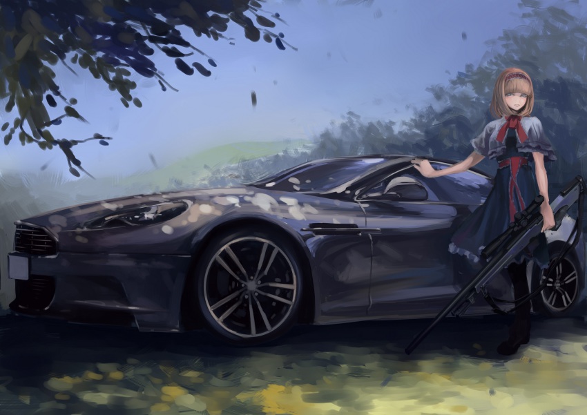 1girl, ai_arctic_warfare, alice_margatroid, arm_support, aston_martin, black_pantyhose, blue_dress, blue_eyes