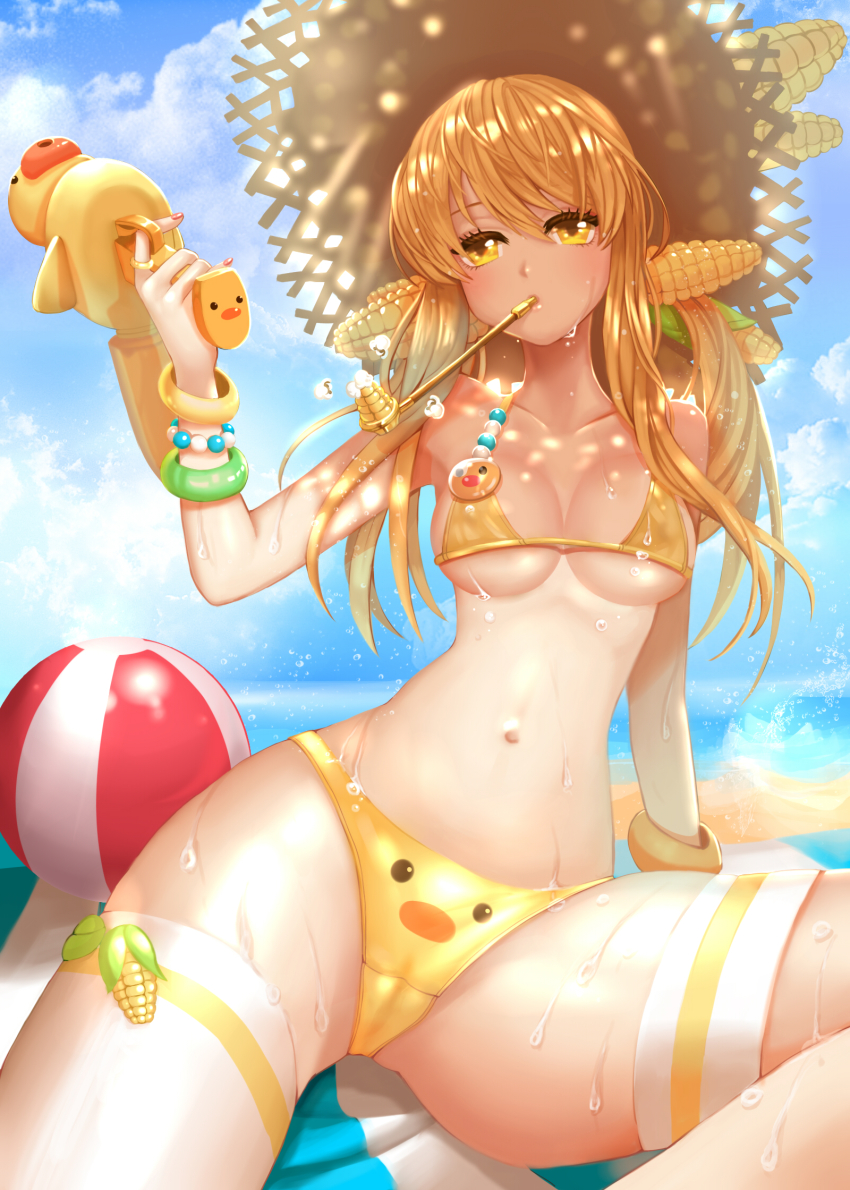 1girl, bad_id, bad_pixiv_id, ball, beach, beachball, bikini, blonde_hair, blush, bracelet, cameltoe, cloud, cloudy_sky, corn, day, female_focus, gradient_background, hat, highres, jewelry, kaku-san-sei_million_arthur, million_arthur_(series), navel, outdoors, paki_hanbiruu, sitting, sky, smoking_pipe, solo, straw_hat, sweat, swimsuit, thigh_strap, yellow_bikini, yellow_eyes