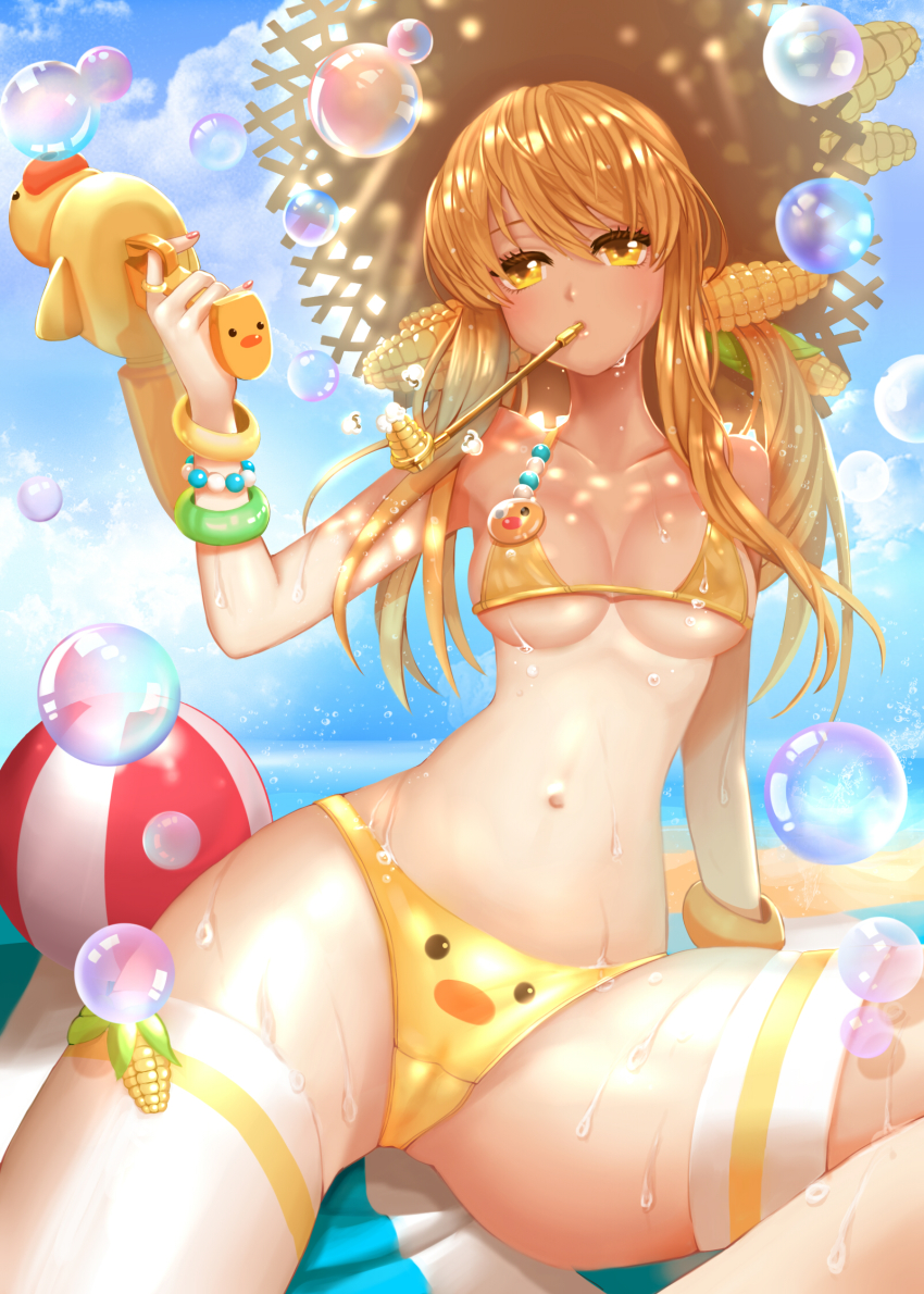 1girl, bad_id, bad_pixiv_id, ball, beach, beachball, bikini, blonde_hair, blush, bracelet, bubble, cameltoe, cloud, cloudy_sky, corn, day, female_focus, food-themed_clothes, gradient_background, hat, highres, jewelry, kaku-san-sei_million_arthur, million_arthur_(series), navel, outdoors, paki_hanbiruu, sitting, sky, smoking_pipe, solo, straw_hat, sweat, swimsuit, thigh_strap, yellow_bikini, yellow_eyes