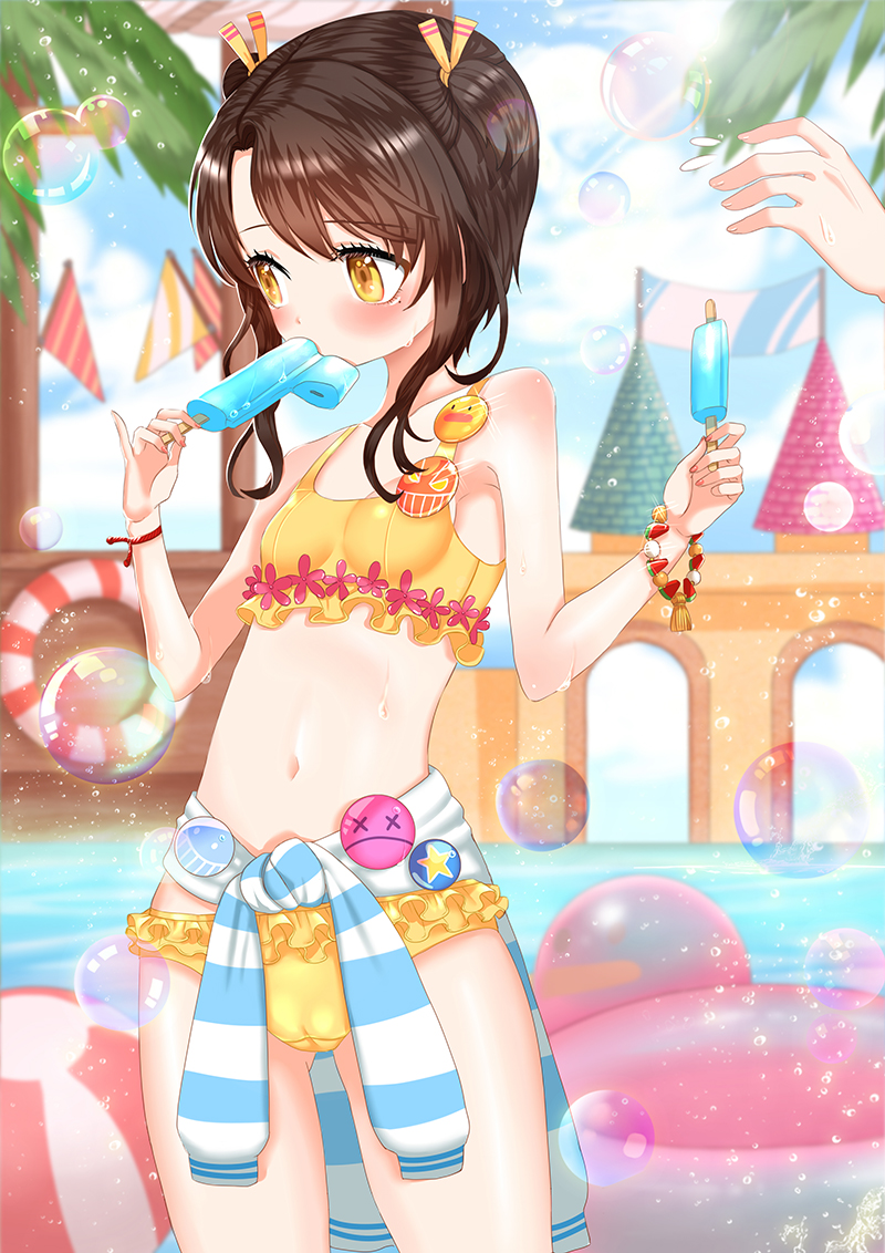 1girl, armpits, bad_id, bad_pixiv_id, bikini, blush, bracelet, brown_hair, bubble, cameltoe, clothes_around_waist, day, fingernails, flat_chest, food, jewelry, lifebuoy, looking_away, nail_polish, navel, paki_hanbiruu, popsicle, ribbon, sita_vilosa, smiley_face, solo_focus, swim_ring, swimsuit, sword_girls, wrist_ribbon, yellow_bikini, yellow_eyes