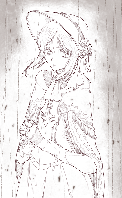 1girl, bloodborne, bonnet, cloak, doll_joints, female_focus, flower, gradient_background