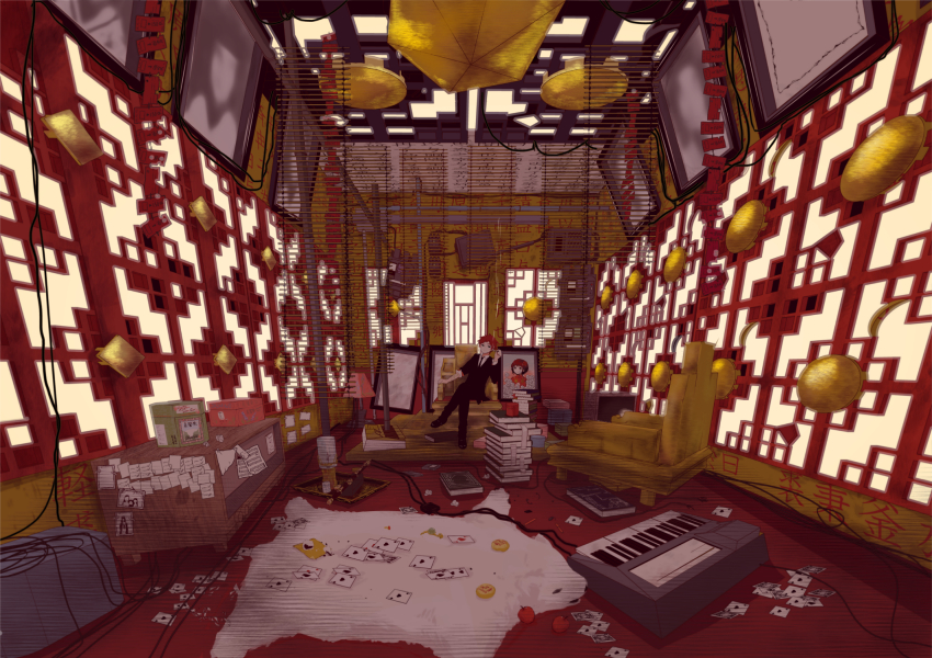 1boy, apple, architecture, black_necktie, black_shoes, cable, card, east_asian_architecture