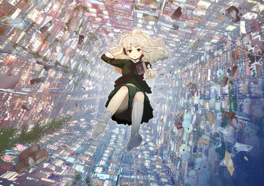 1girl, blush, brick, bridge, building, censored, debris, mp3_player, falling, feet, female_focus, hand_on_head, headphones, highres, long_hair, looking_at_viewer, no_shoes, omiomi_kekyu, original, pleated_skirt, silver_hair, skirt, socks, solo, toes